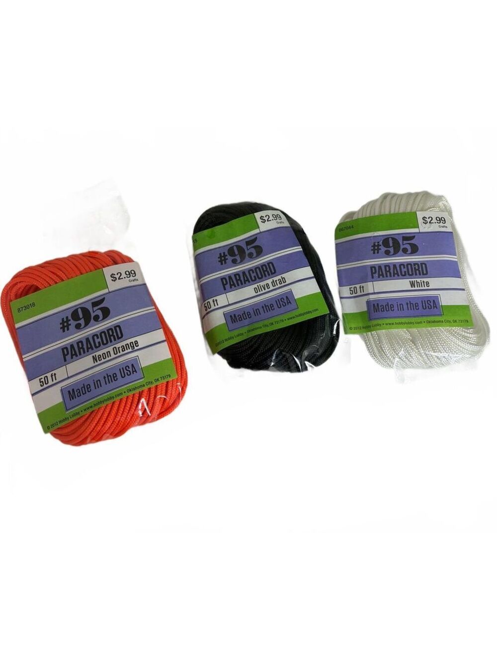 Set of 3 #95 Paracord 50 ft Neon Orange, Olive Drab, and White